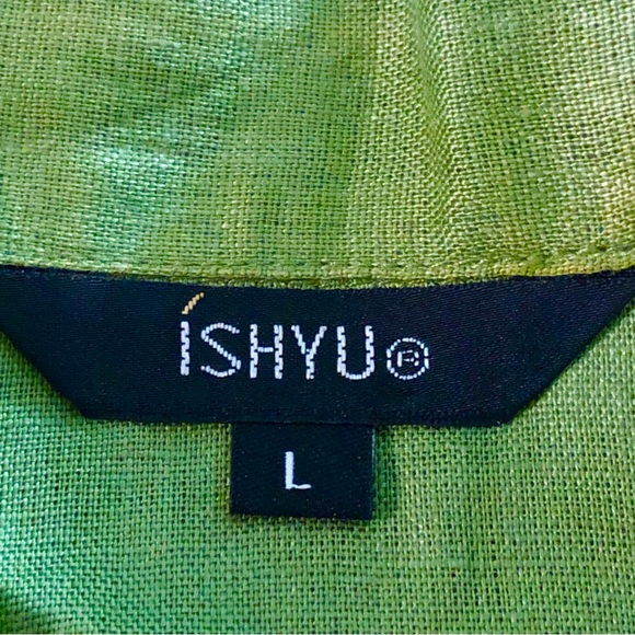 ISHYU 100% Linen Button-Up Sleeveless Tunic Top. Slit Hemline. Green. Size Large - Picture 10 of 11